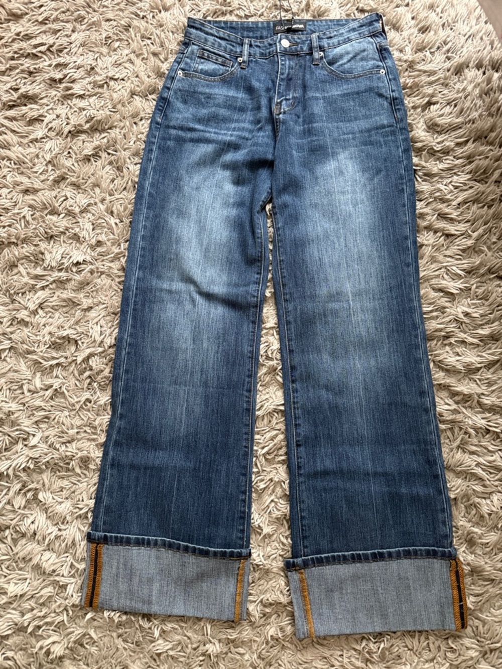 Fashion Nova Blue Wide-Leg Cuffed Jeans